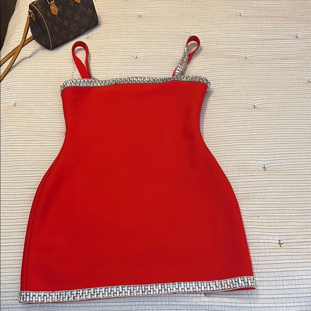 Red Dress with Rhinestone Trim